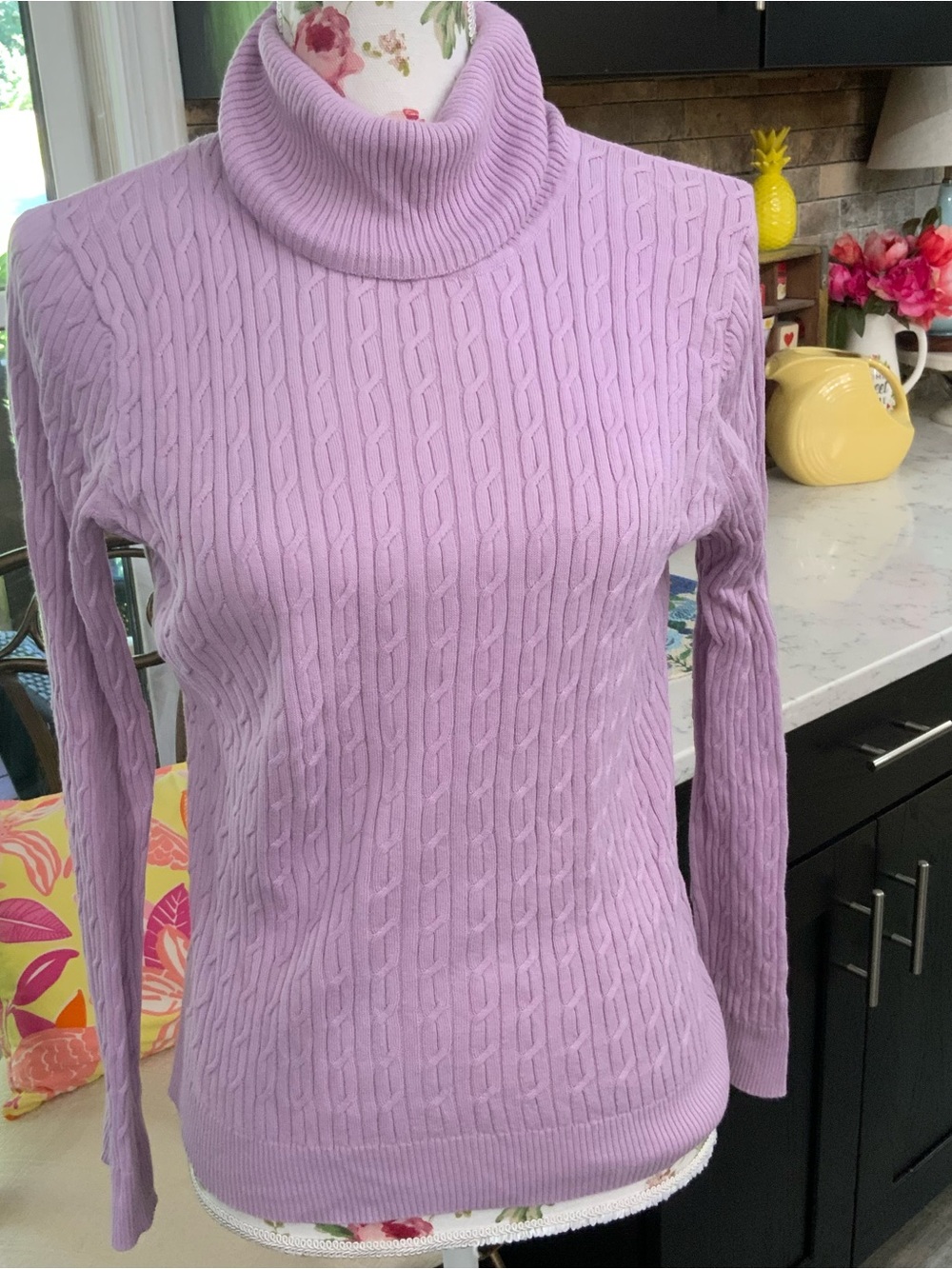 Talbots Petites Cable Knit Turtleneck Sweater Pima Cotton Lavender Size MP